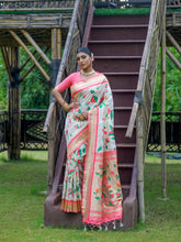 Botanical Weaving Golden Zari Worked Heavy Royal Banarasi Off White Saree